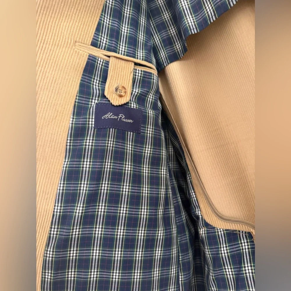 Alan Flusser Corduroy Blazer Jacket 46L Tan Camel Ticket‎ Pocket Academia